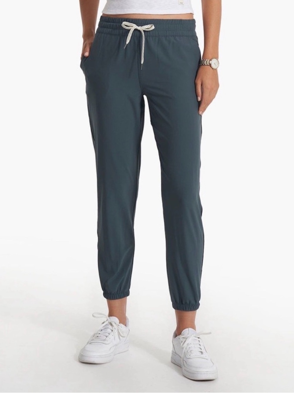 Vuori Women's Track Joggers in Slate Blue with Cream Drawstring